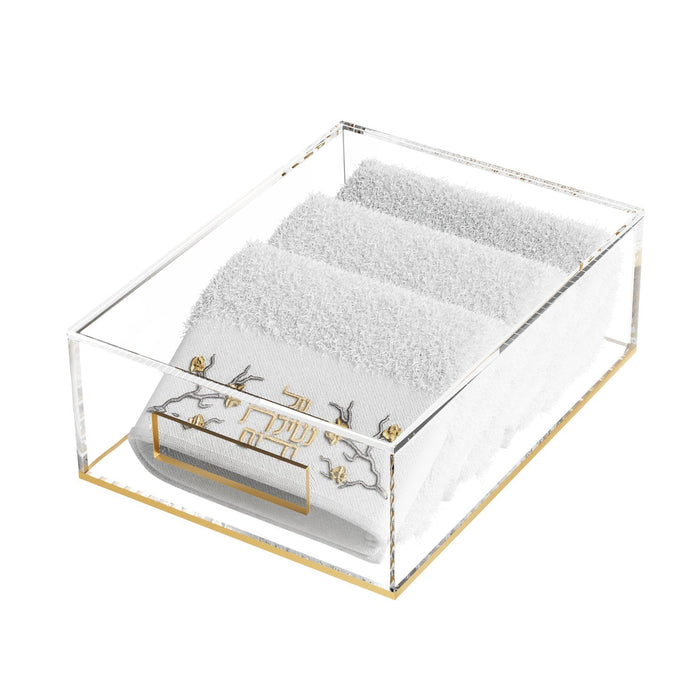 Lay-Flat Towel Box with Golden Branch Towels — magnetic-lid box holding three embroidered hand towels | Judaica Square Lakewood
