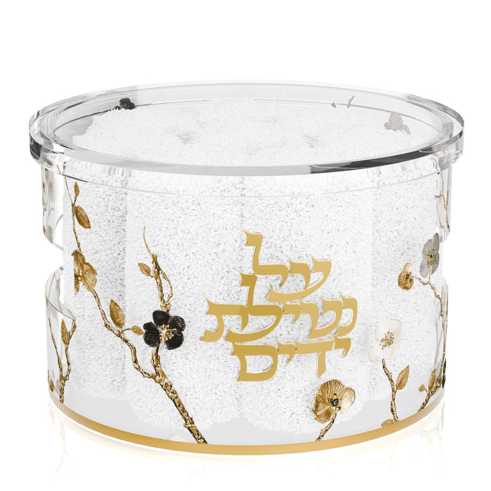 Ornate Garden Towel Box — Acrylic — clear acrylic box on a gold base with floral detail and guest towels | Judaica Square Lakewood