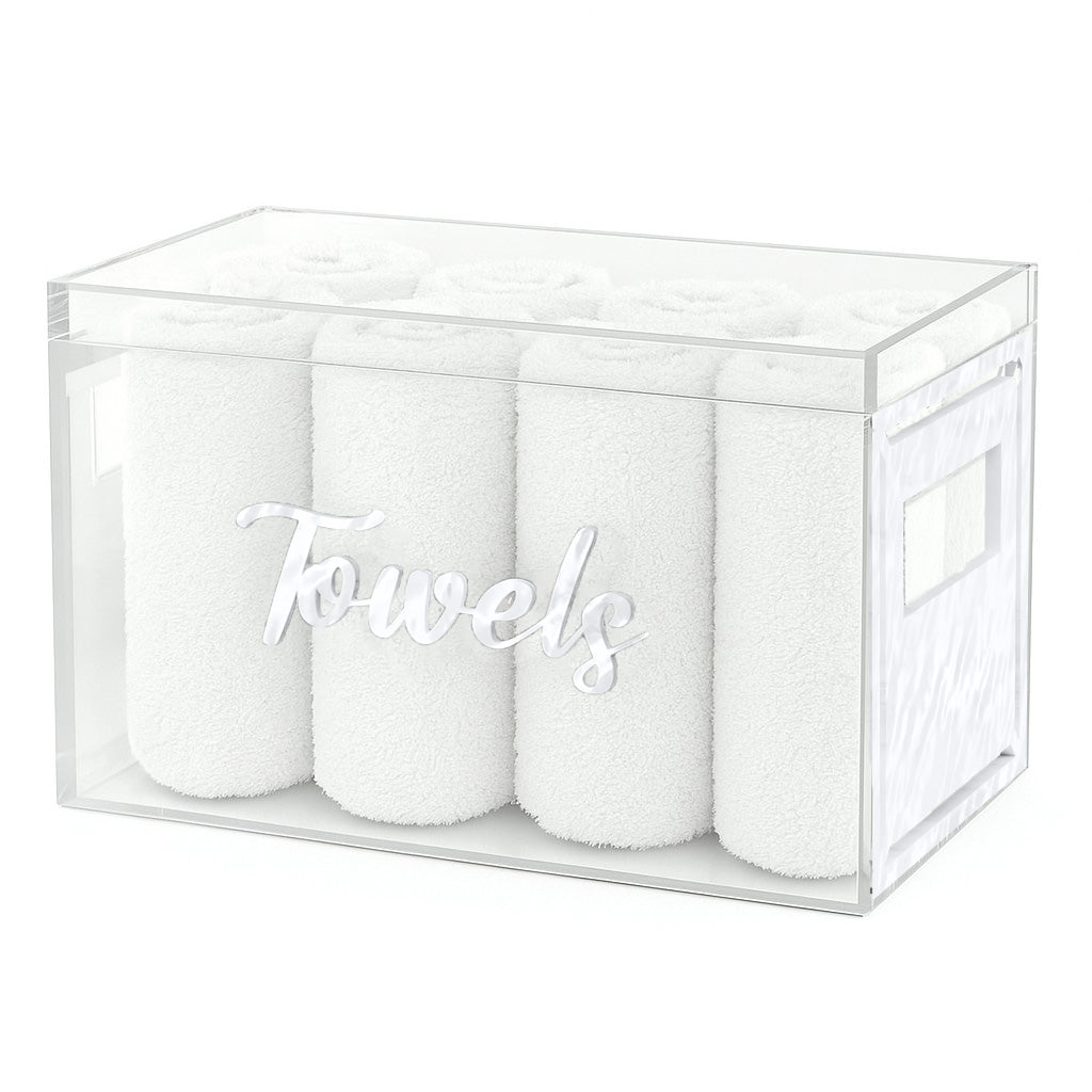 Classic Towel Box (With 8 Towels) - White Pearl — Acrylic — Acrylic Towel Holder | Judaica Square Lakewood