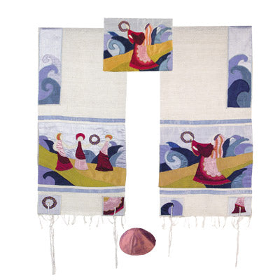Yair emanuel Embroidered Raw Silk Tallit  - Miriam and the drum TFA1