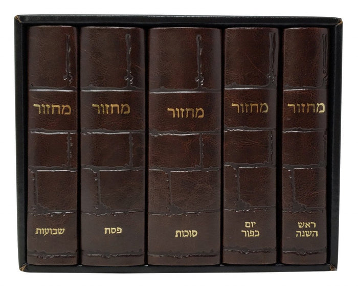 Artscroll Hebrew English Machzorim: 5 Volume Pocket Slipcased Set Kosel Design - Brown — Machzorim from Judaica Place
