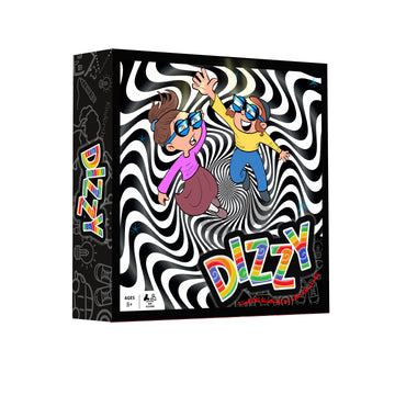 Dizzy game box with two children in swirly glasses tumbling into a black and white spiral, ages 8+