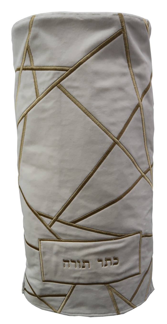 Prestige Velvet Torah Mantel — Geometric Design, Prestige Collection (TM790-WH)