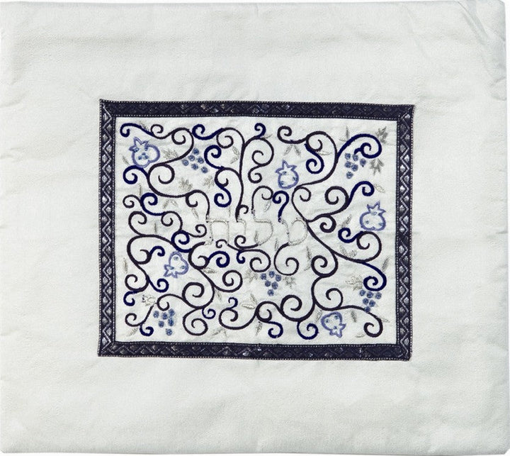 Embroidered Tallit Bag Blue on White