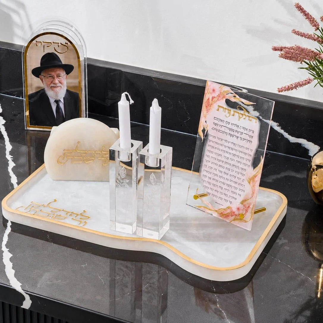 Resin Curve Hadlokas Neiros Tray — curved marbled resin candle-lighting tray | Judaica Square Lakewood