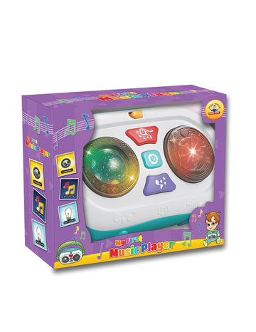 My First Music Player baby toy with two glowing discs and three buttons in a purple box