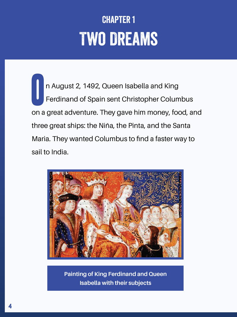 Chapter 1 opening page, "Two Dreams" — Columbus sets sail for Spain's king and queen