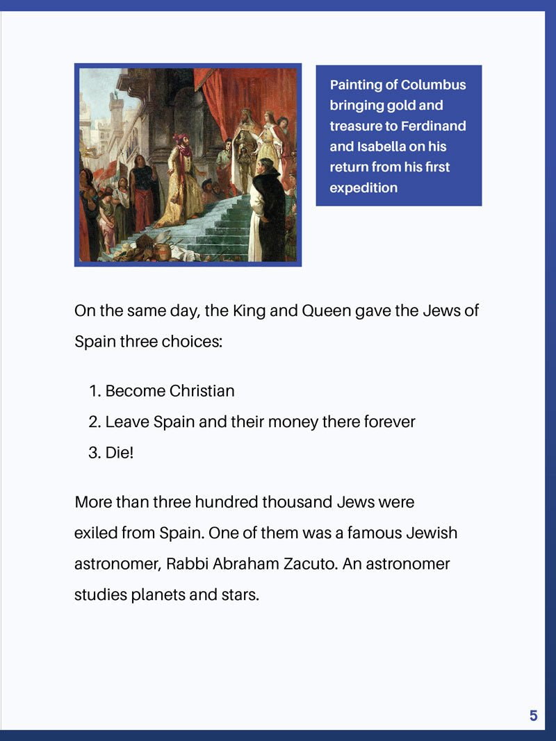 Text page, Chapter 1 — painting of Columbus bringing gold to Ferdinand and Isabella