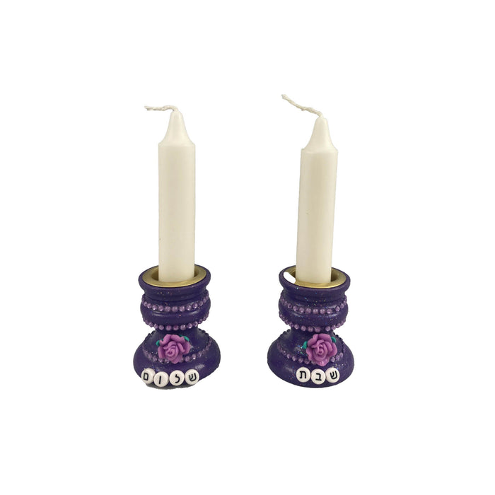 Purple Swiftie Shabbat candlesticks — rhinestones, polymer flowers and Hebrew beads on wood | Judaica Square Lakewood