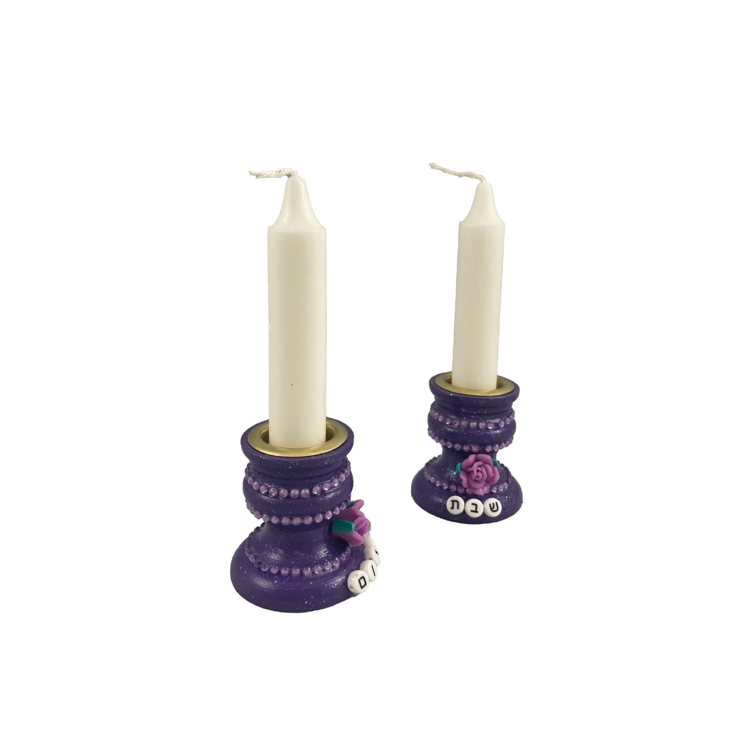 Purple Swiftie Shabbat candlesticks — rhinestones, polymer flowers and Hebrew beads on wood | Judaica Square Lakewoo (view 2)
