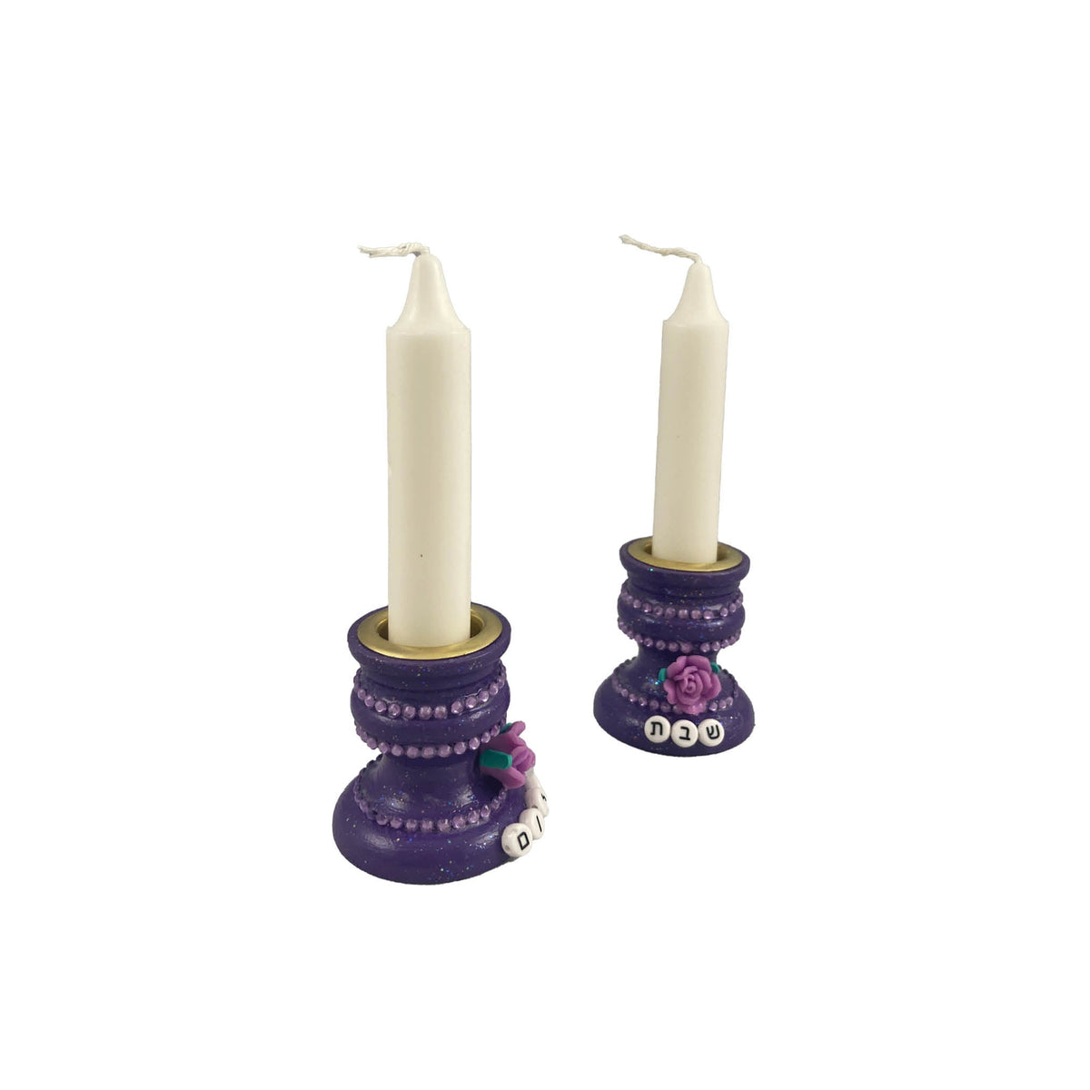 Purple Swiftie Shabbat candlesticks — rhinestones, polymer flowers and Hebrew beads on wood | Judaica Square Lakewoo (view 2)