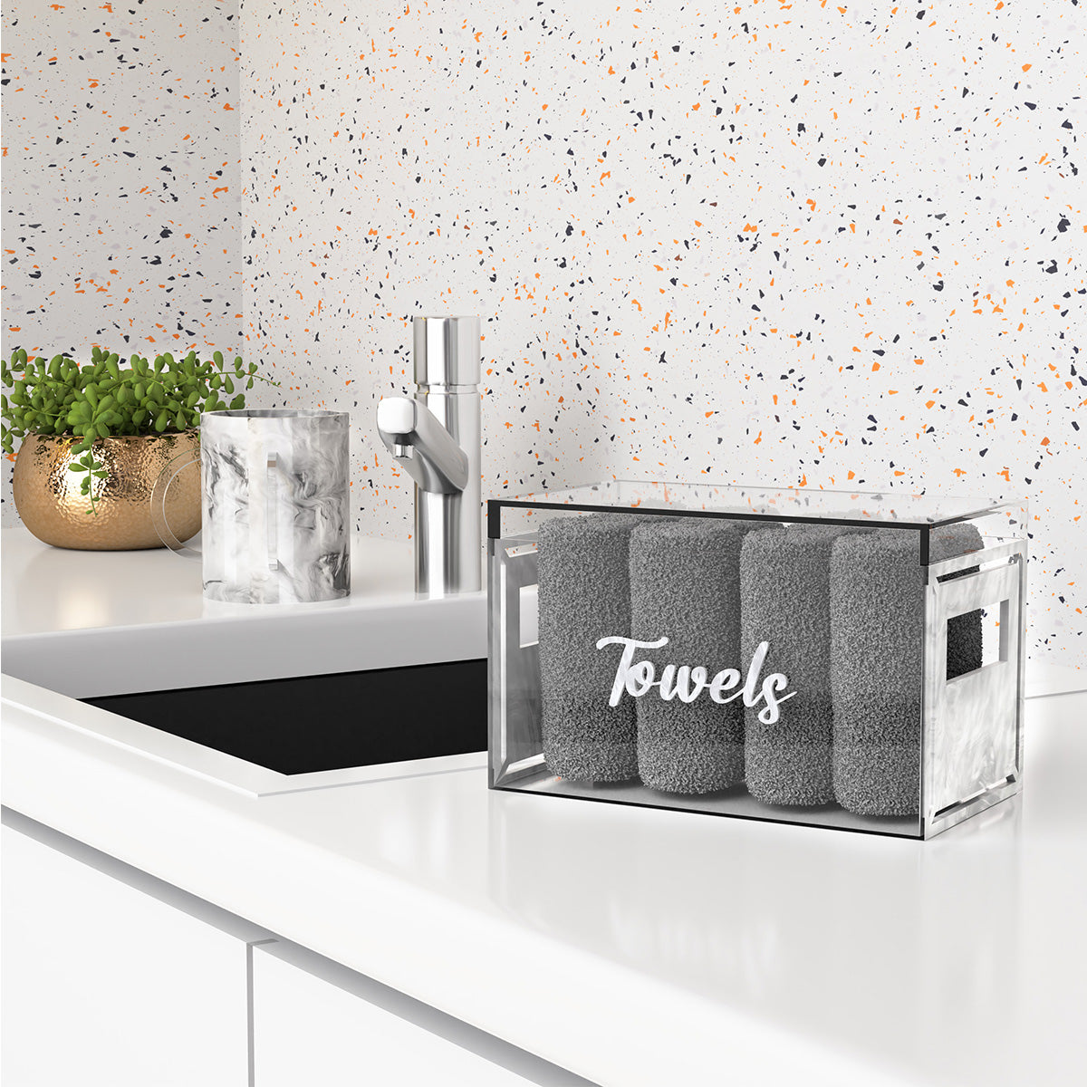 Classic Towel Box (With 8 Towels) - White Pearl — Acrylic — Acrylic Towel Holder | Judaica Square Lakewood