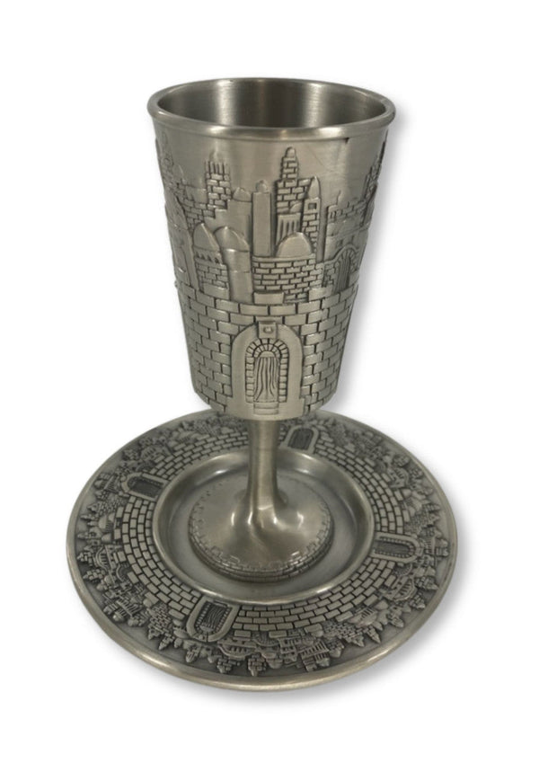 Karshi Pewter Kiddush Goblet with Tray Jerusalem Design (KC-5018-P)