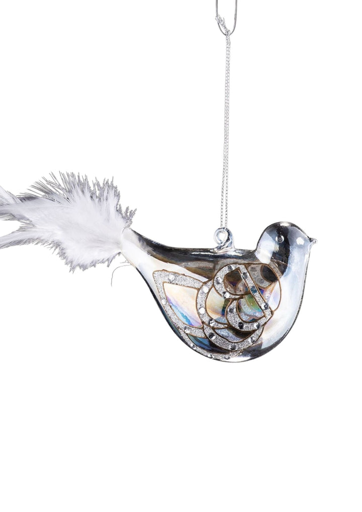 Clear Glass Bird-White Feather Tail-4"