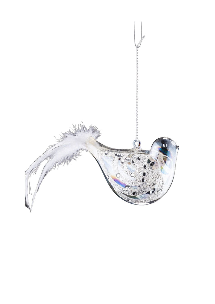 Clear Glass Bird-White Feather Tail-White Glitter Wings-4"