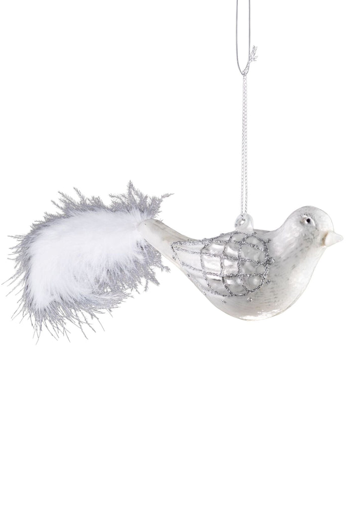 White Glass Bird-White Feather Tail-Silver Glitter Wings-4"