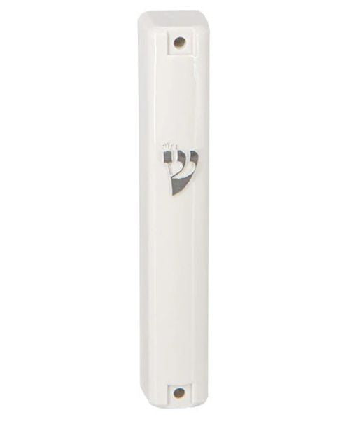 White Plastic Mezuzah Case Silver Shin 20cm
