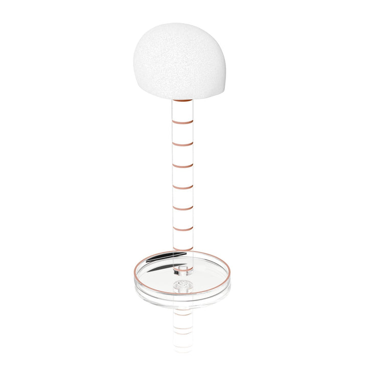 Classic etched wig head in rose gold, white foam head on a clear stem with etched rings and round base