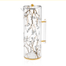 Clear lucite Botanical Blooms water pitcher shown from the side, the floral print wrapping the body between gold-trimmed rims