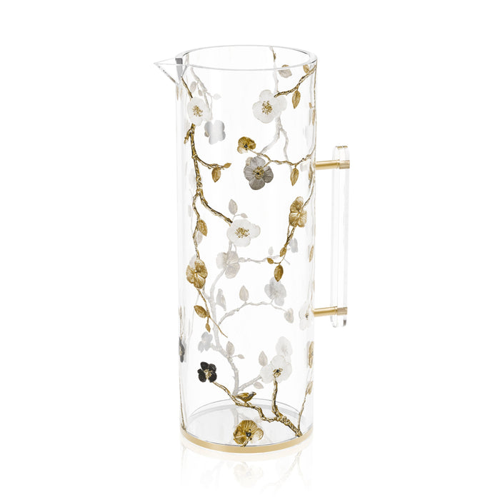 Ornate Garden Pitcher — Shabbos — clear lucite pitcher with gold base and floral branch design | Judaica Square Lakewood