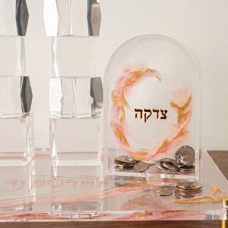 Watercolor Flowers Tzedakah Box — blush and gold floral lucite box with mirrored accents tzedakah box — 6.25" x 4.75" x 2.75"