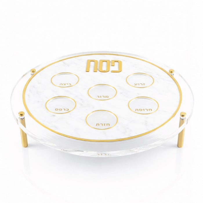 Raised Seder Plate — raised white marble lucite Seder plate | Judaica Square Lakewood