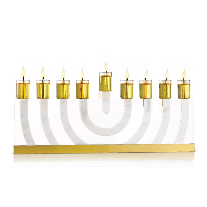 Modern Arc Menorah — modern lucite menorah with white marble arcs | Judaica Square Lakewood