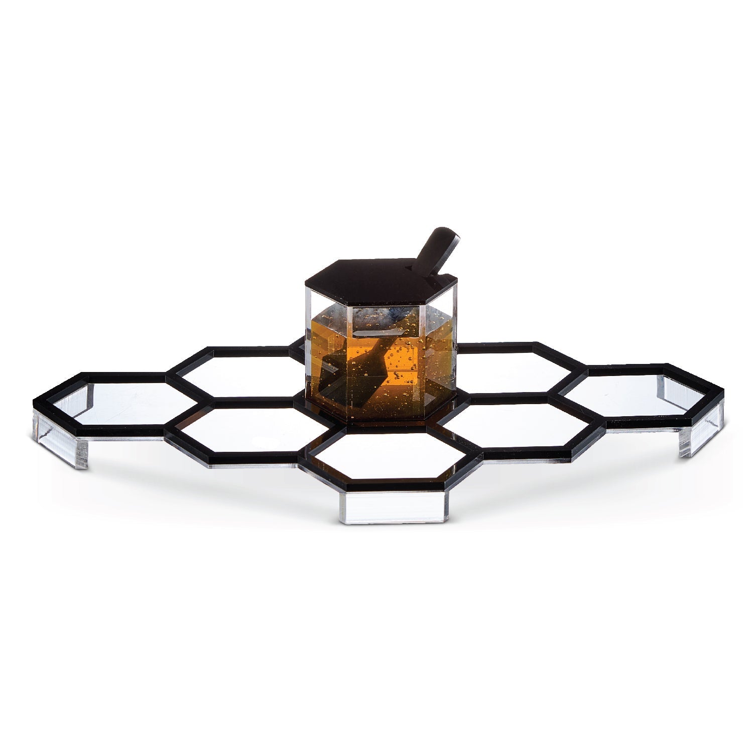 Honeycomb Tabletop Simanim Tray — Black — lucite Judaica decor | Judaica Square Lakewood