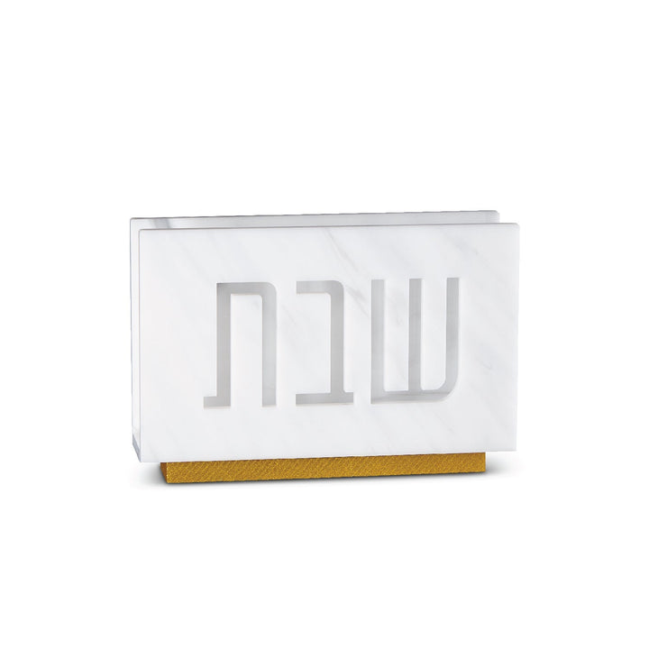 Shabbos Laser Cut Napkin Holder — White Marble Lucite