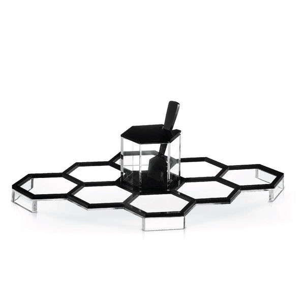 Honeycomb Tabletop Simanim Tray — Black — lucite Judaica decor | Judaica Square Lakewood