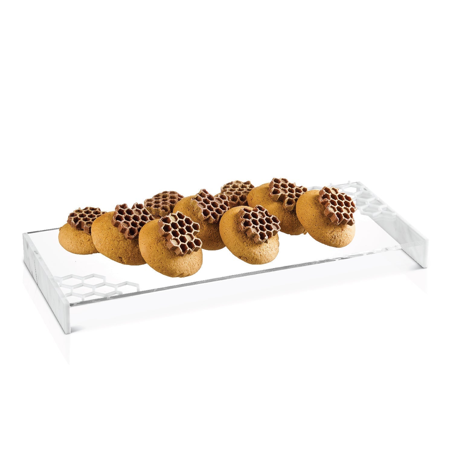 Honeycomb Laser Cut Tray — White Marble — lucite Judaica decor | Judaica Square Lakewood