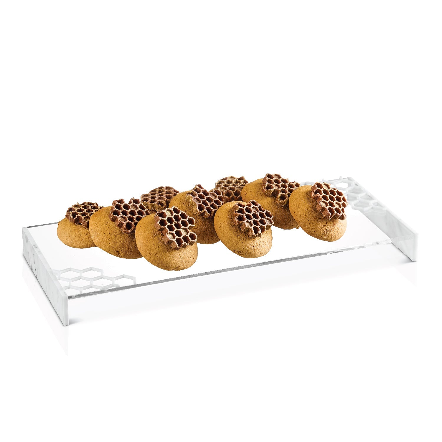 Honeycomb Laser Cut Tray — White Marble — lucite Judaica decor | Judaica Square Lakewood