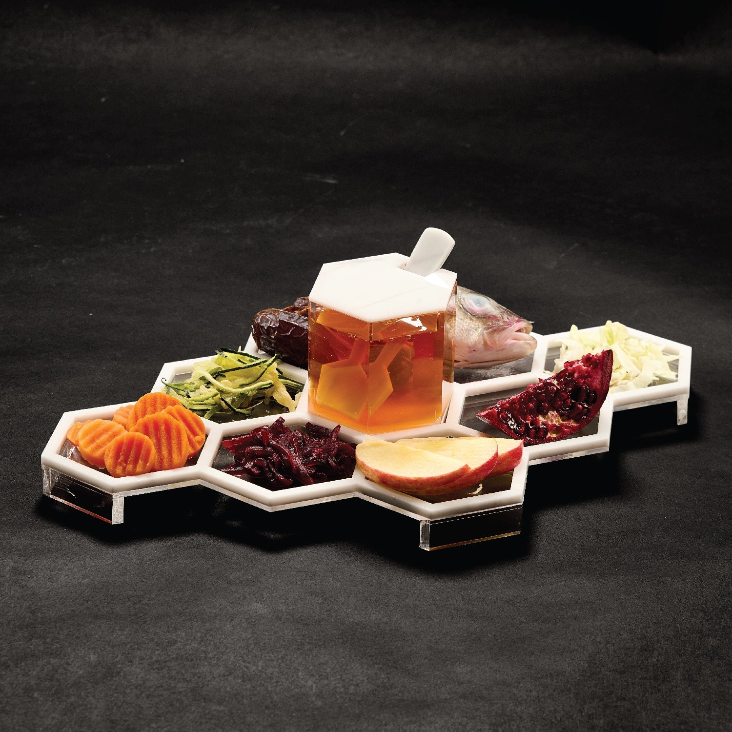 Honeycomb Tabletop Simanim Tray — lucite Judaica decor | Judaica Square Lakewood
