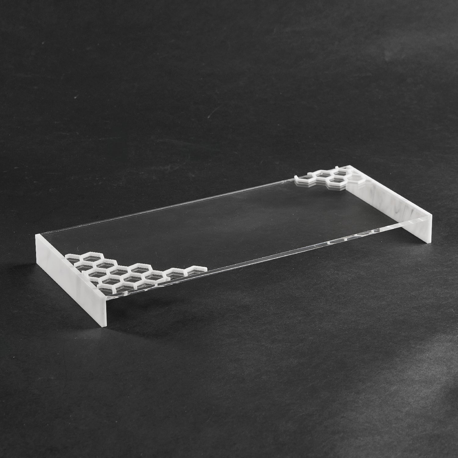 Honeycomb Laser Cut Tray — White Marble — lucite Judaica decor | Judaica Square Lakewood
