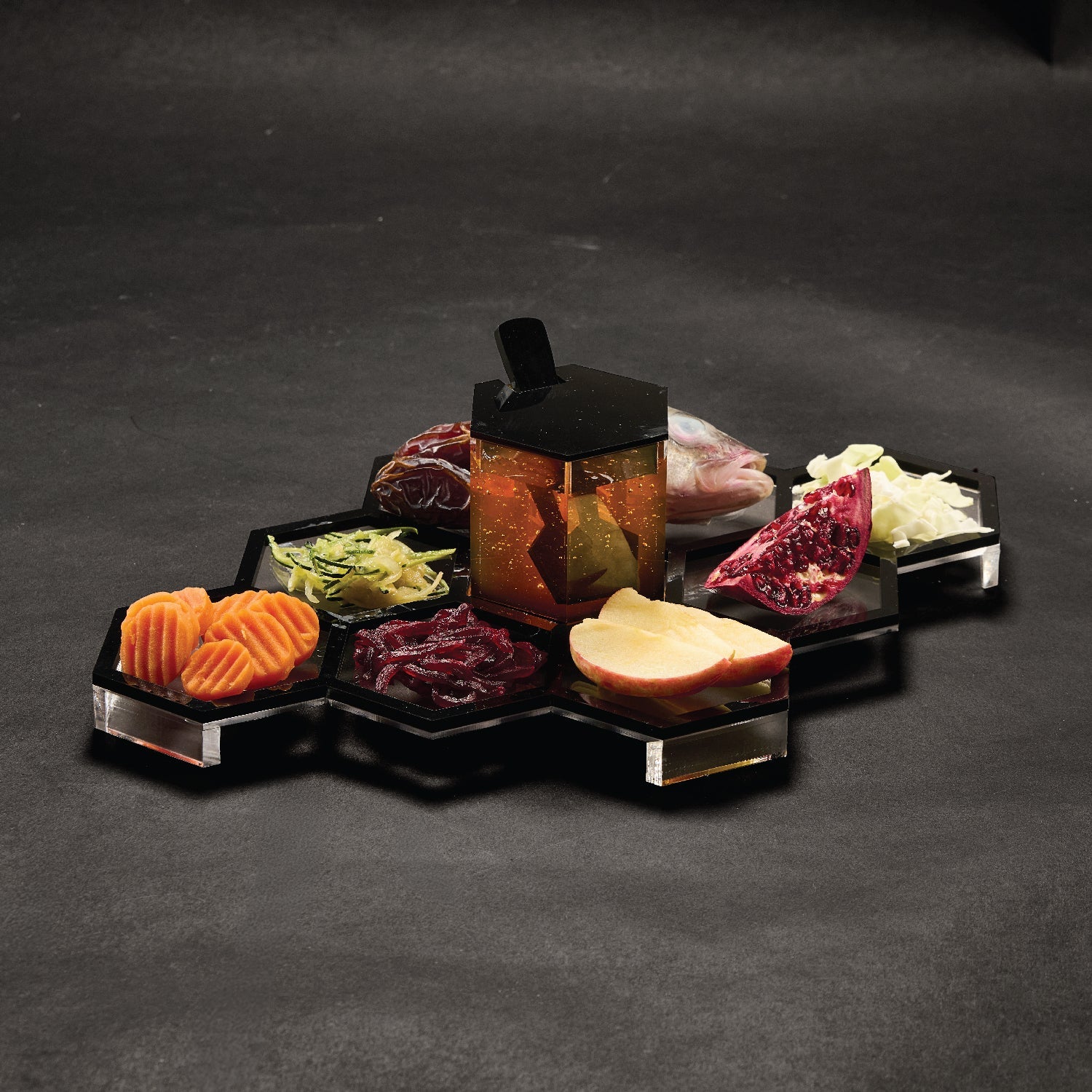 Honeycomb Tabletop Simanim Tray — Black — lucite Judaica decor | Judaica Square Lakewood