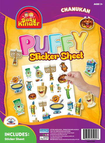 Chanukah Puffy Sticker Sheet pack with smiling menorah, dreidel, donut and oil jug stickers
