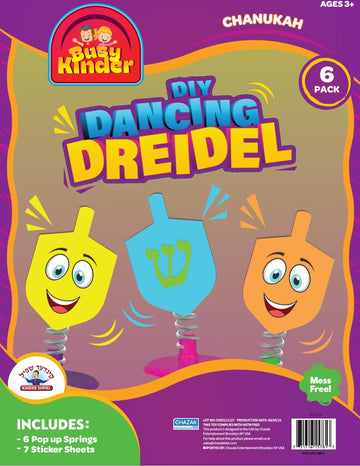 DIY Dancing Dreidel package with yellow, blue and orange smiling dreidels bouncing on springs