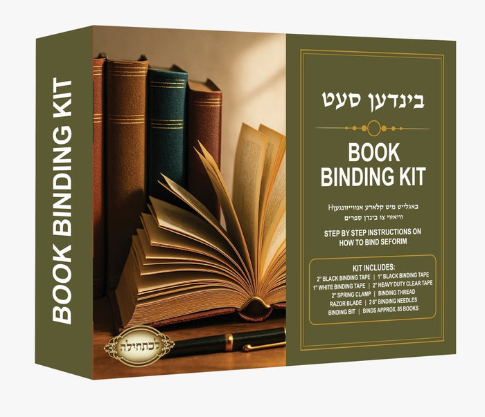 Olive-green Book Binding Kit box with old leather books, an open volume and the list of included tools