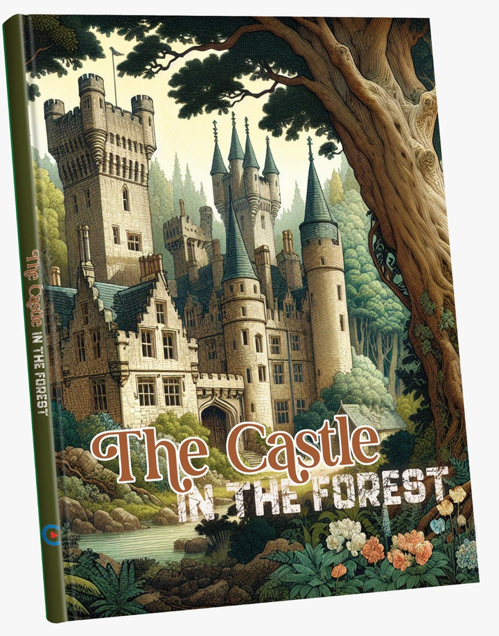 The Castle in the Forest cover painting of a stone castle among tall trees