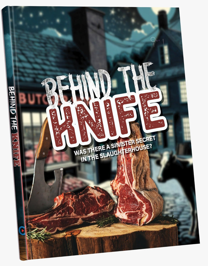 Behind The Knife cover: a cleaver and raw steaks on a chopping block outside a butcher shop at night