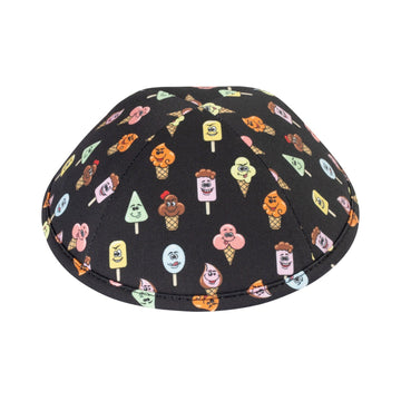 Black four-panel cotton kippah printed all over with smiling cartoon ice-cream cones and ice pops in pink, yellow, mint, orange and blue