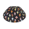 Black four-panel cotton kippah printed all over with smiling cartoon ice-cream cones and ice pops in pink, yellow, mint, orange and blue