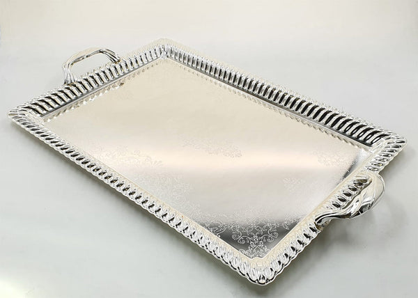 Silverplate Designed Candlestick Tray-Silver Design W/ Silver Handles-22"x13" (CP-60074)