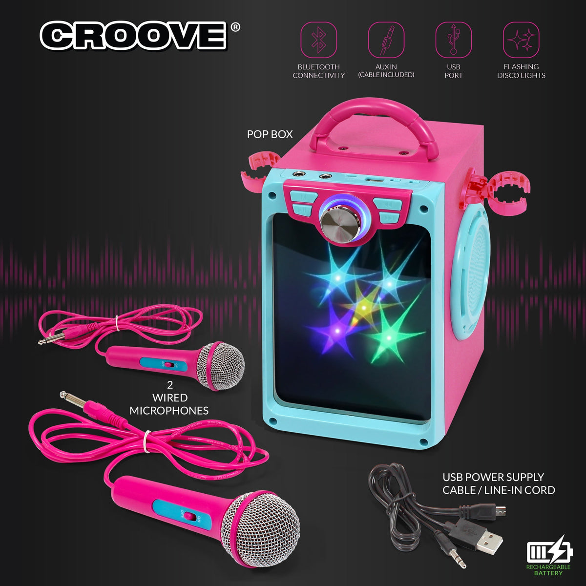 Croove Pop Box Kids Karaoke Machine, Pink - 2 Mics & Disco Lights — product view, view 3 | Judaica Square Lakewood