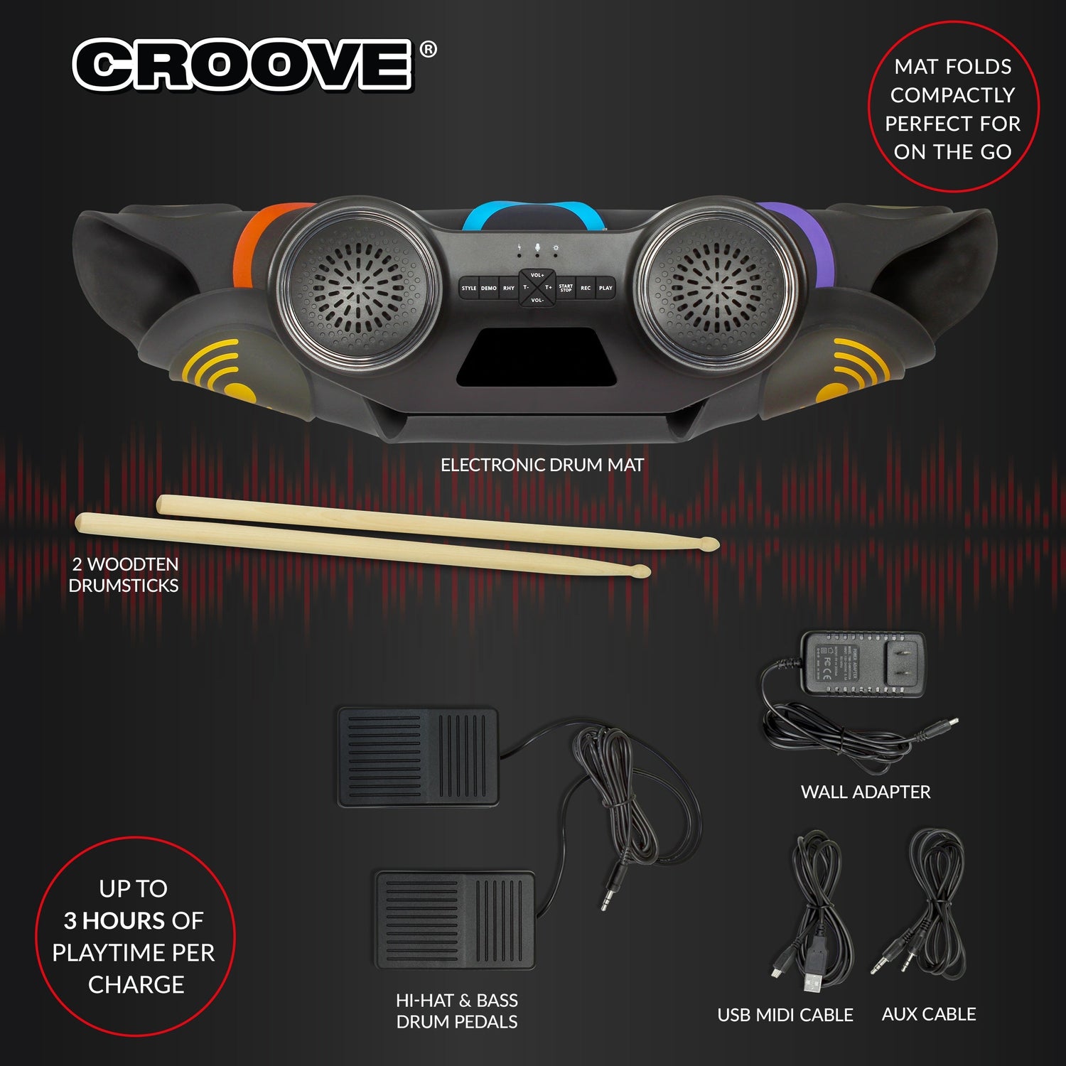 Croove Electronic Drum Set - 9 Pads, 2 Pedals, Rechargeable Kids Drums — 9-pad, view 5 | Judaica Square Lakewood