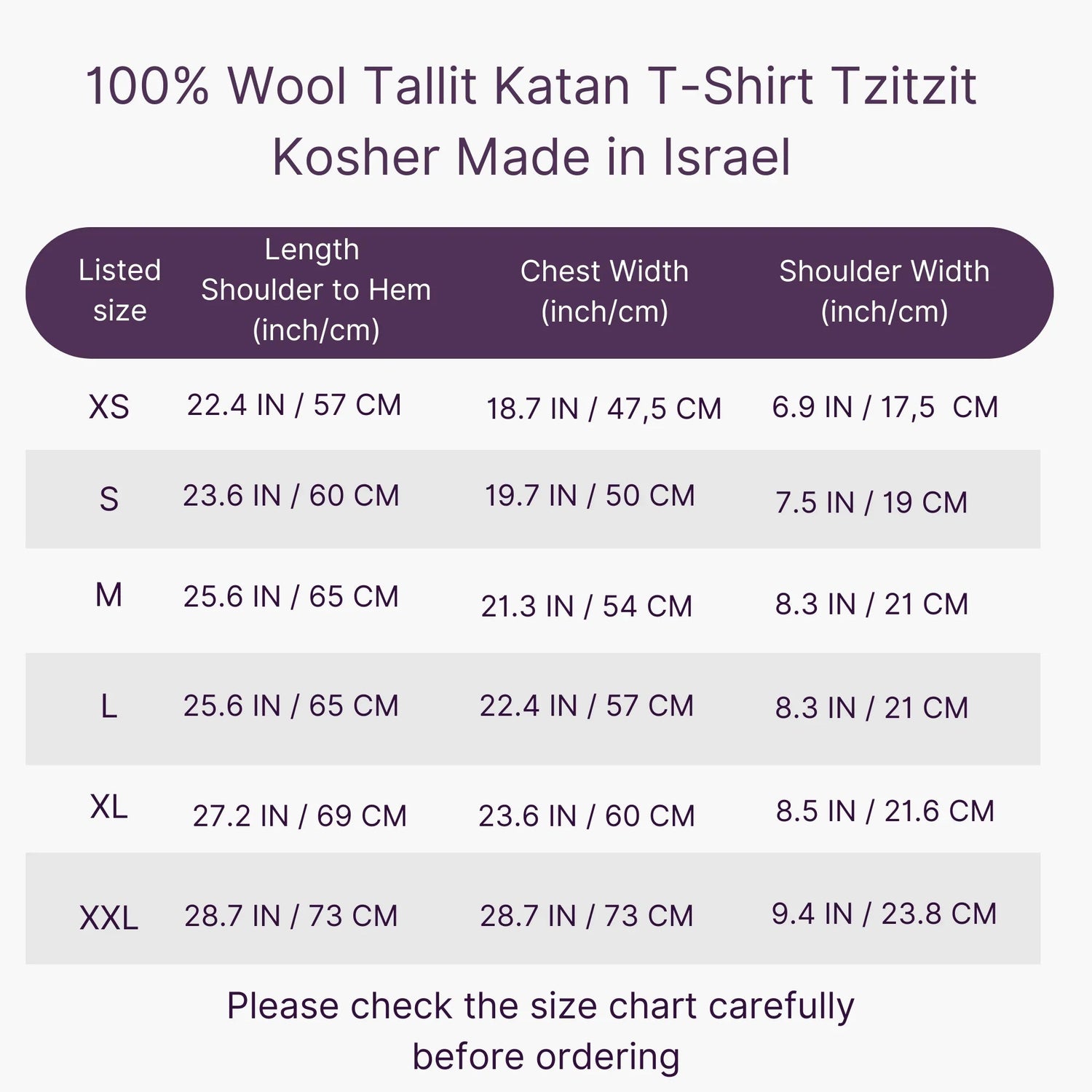 Wool tallit katan tzitzit shirt size chart
