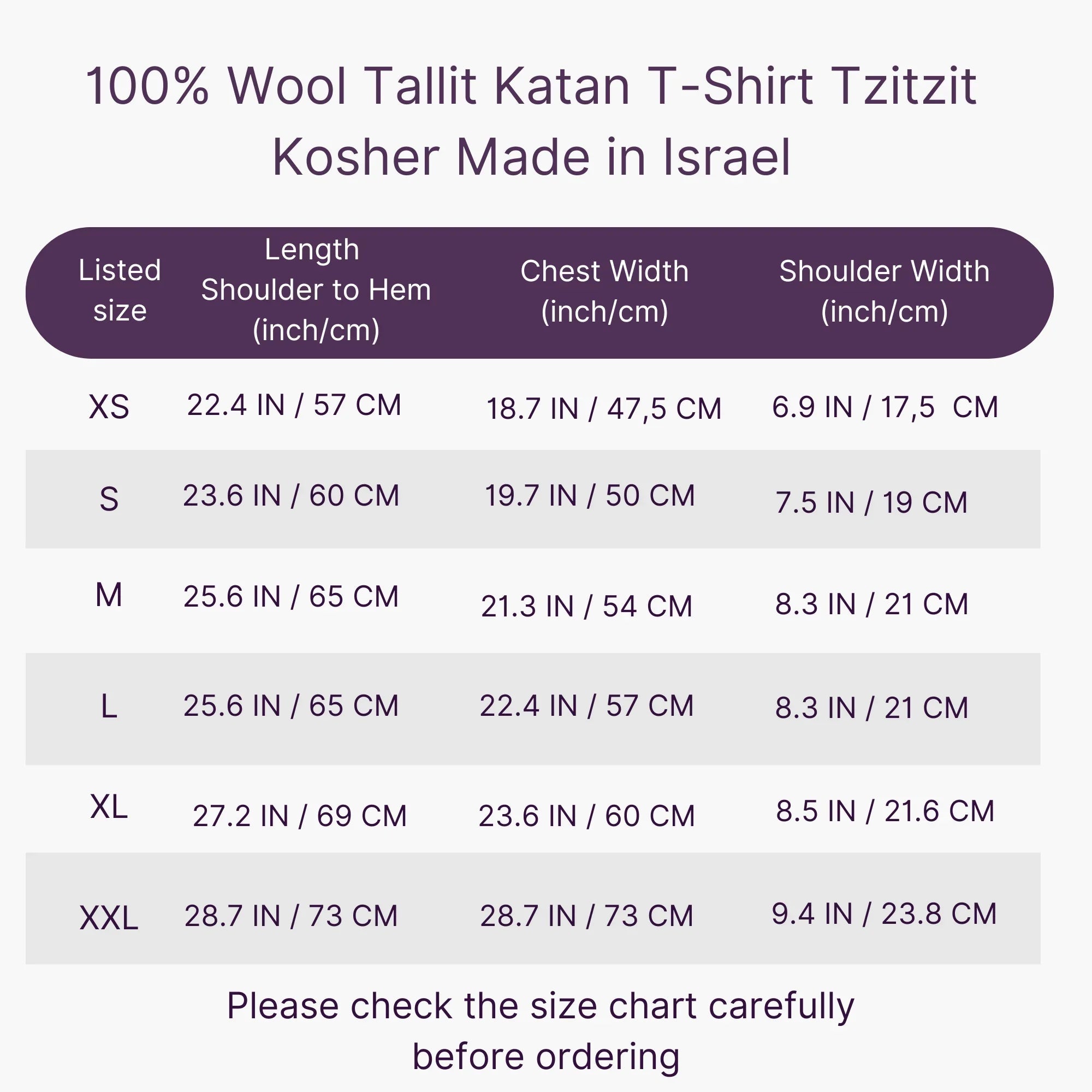 Wool tallit katan tzitzit shirt size chart