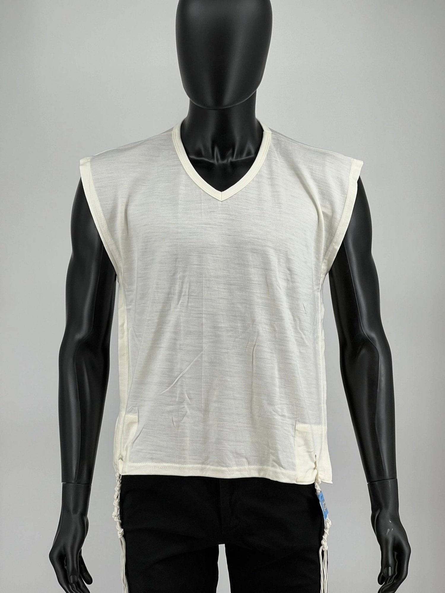 White wool V-neck tzitzit shirt on mannequin, close front view