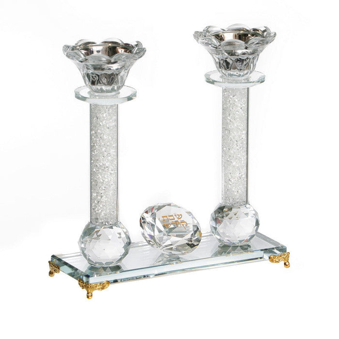Crystal Candlestick Pair OnTray-Gold Foot 7.5" Silver Pearls (CS-X3130AS)