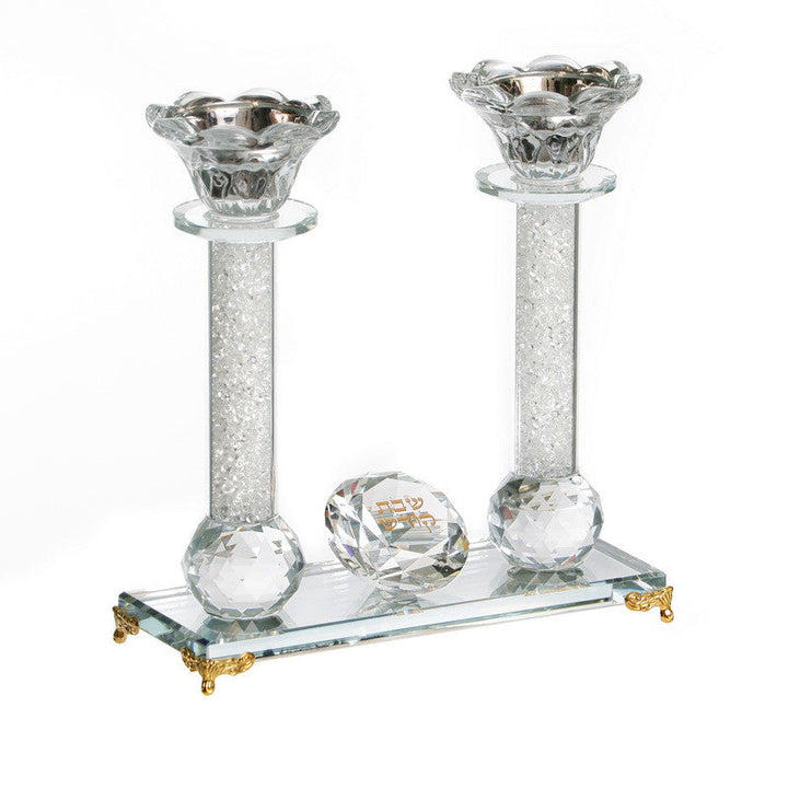 Crystal Candlestick Pair OnTray-Gold Foot 7.5" Silver Pearls